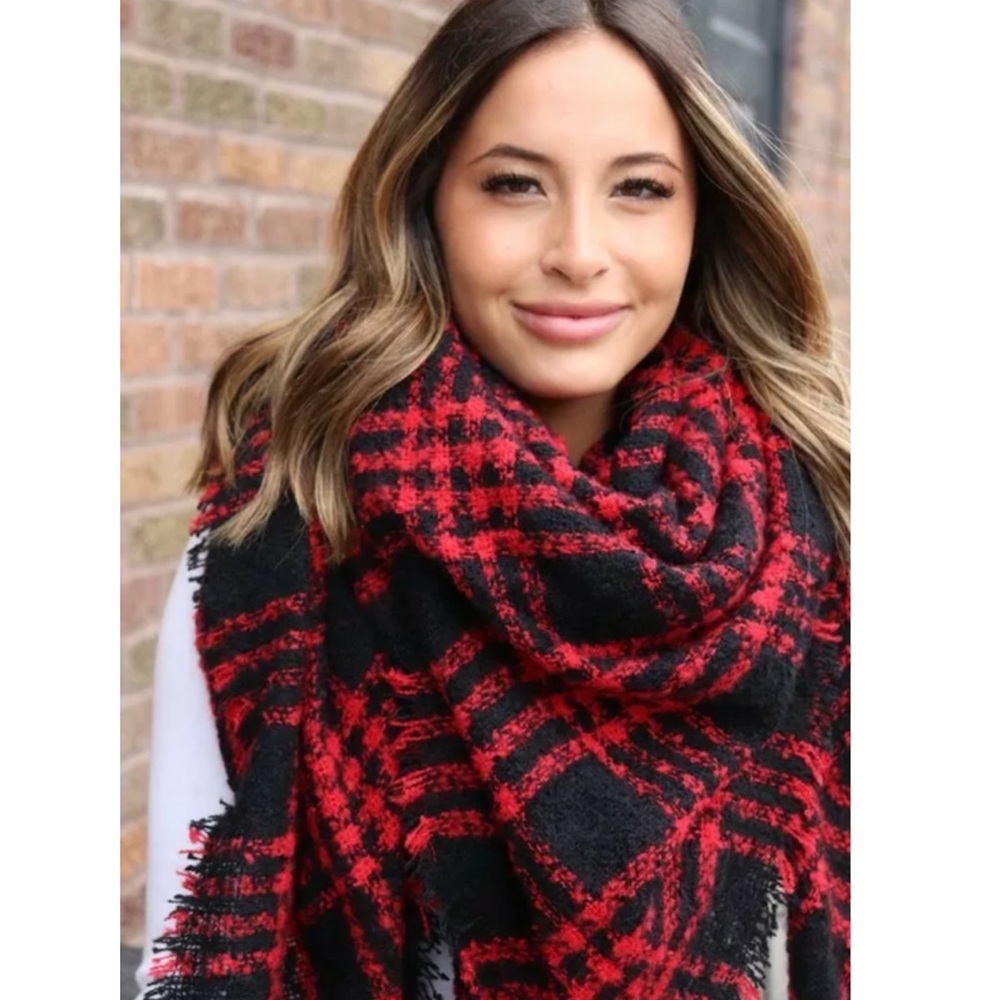 SOLD OUT Red & Black Frayed Hem Soft Plaid Blanket Scarf - Picture 4 of 4